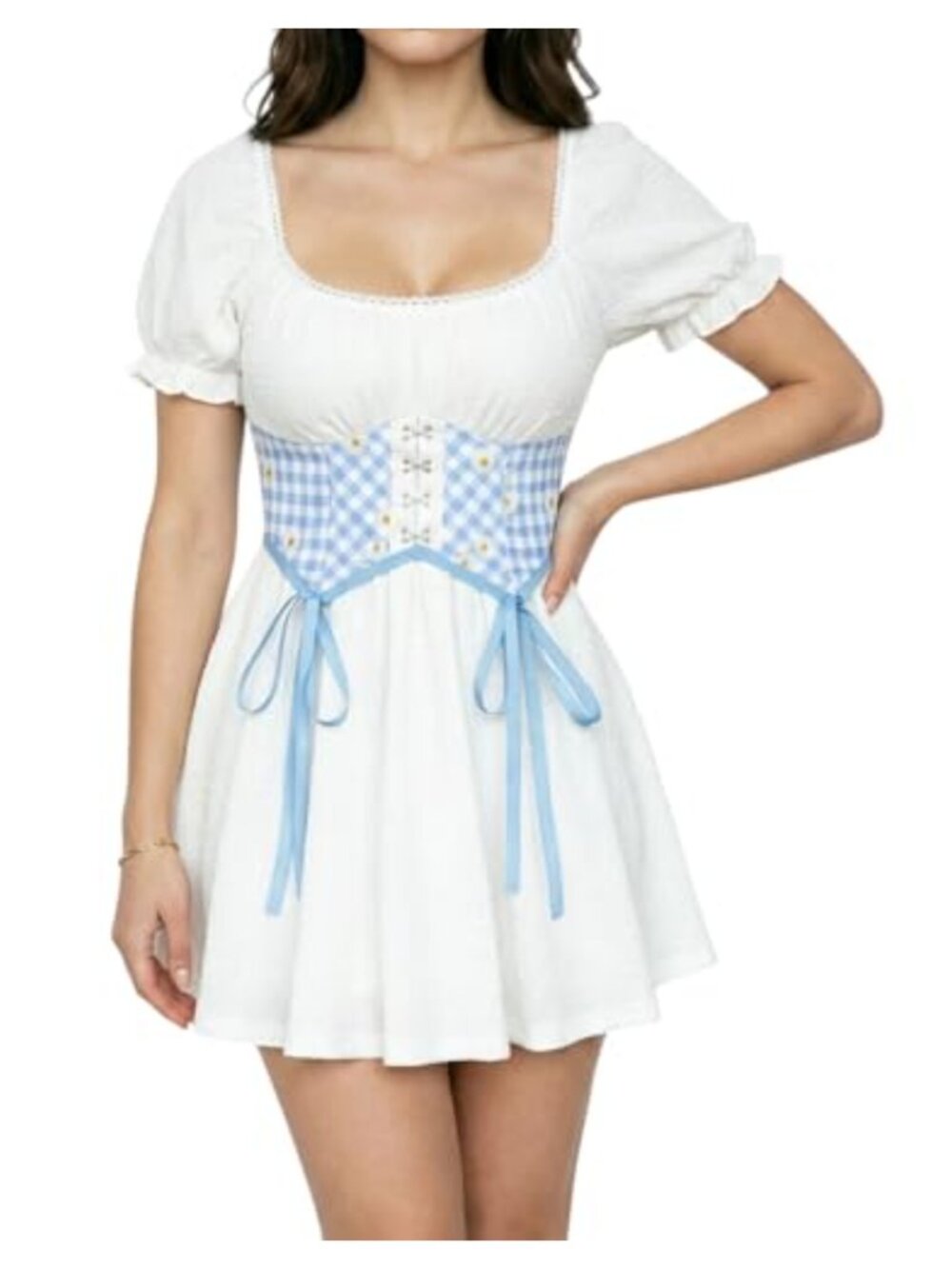 Gingham Mini Dress Puff Sleeve Corset Lace Up A Line Skater